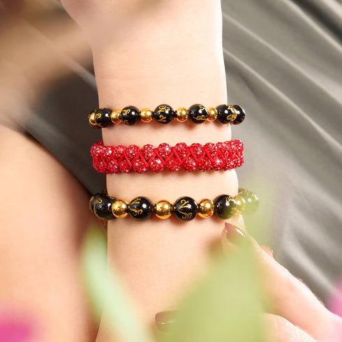 Amulette tibétaine | Bracelet Mantra Mini Obsidienne